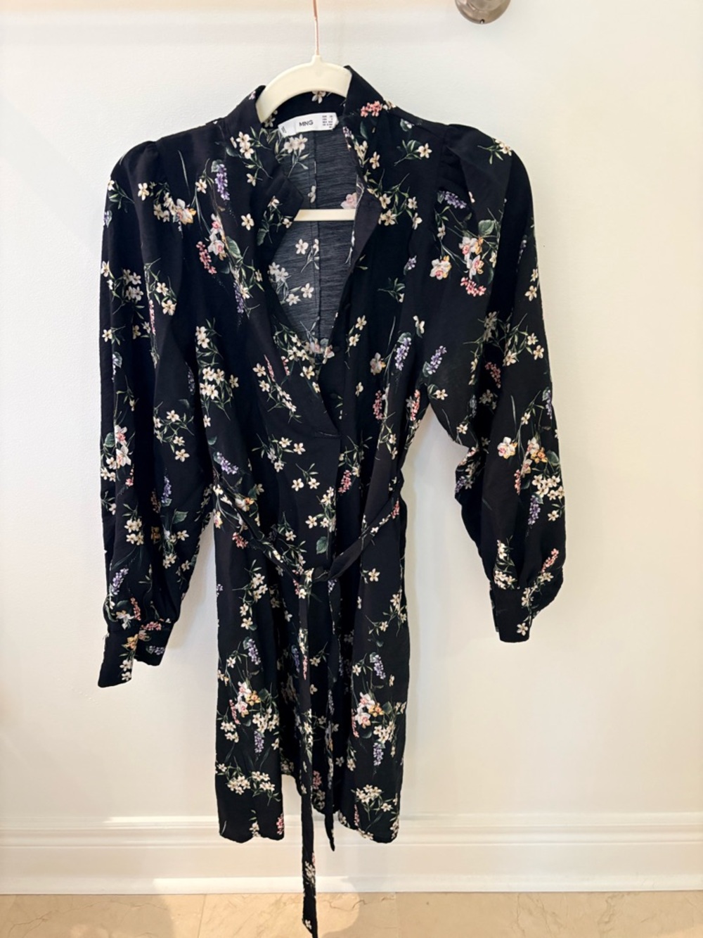 Mango Floral Dress in Black with Pastel Blooms and Tie Waist